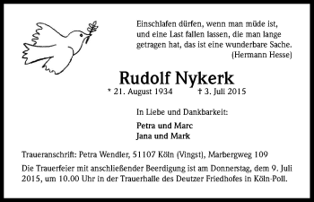 Anzeige von Rudolf Nykerk von Kölner Stadt-Anzeiger / Kölnische Rundschau / Express