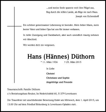 Anzeige von Hans Düthorn von Kölner Stadt-Anzeiger / Kölnische Rundschau / Express
