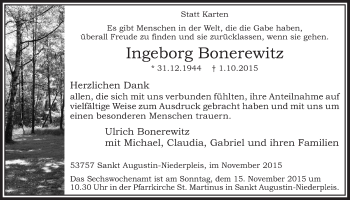 Anzeige von Ingeborg Bonerewitz von  Extra Blatt 