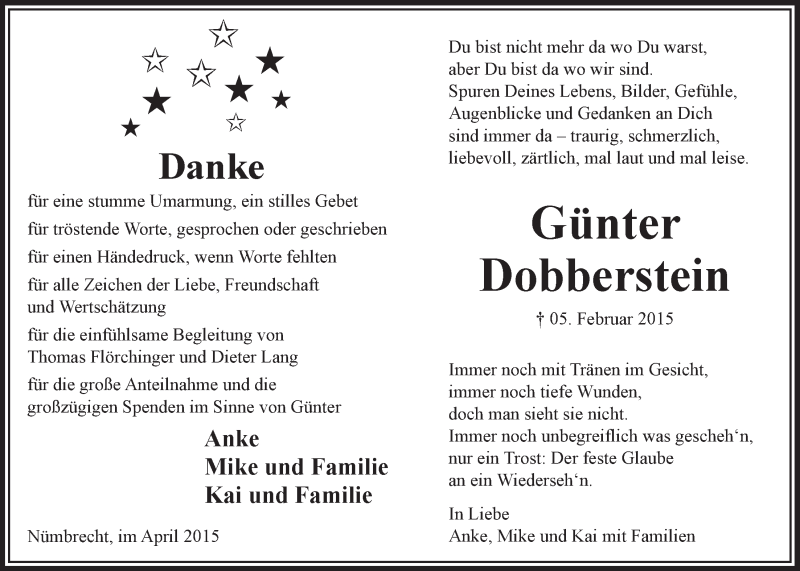  Traueranzeige für Günter Dobberstein vom 08.04.2015 aus  Lokalanzeiger 