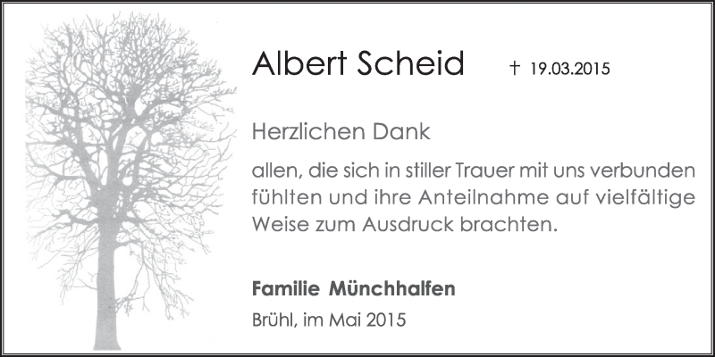  Traueranzeige für Albert Scheid vom 06.05.2015 aus  Schlossbote/Werbekurier 