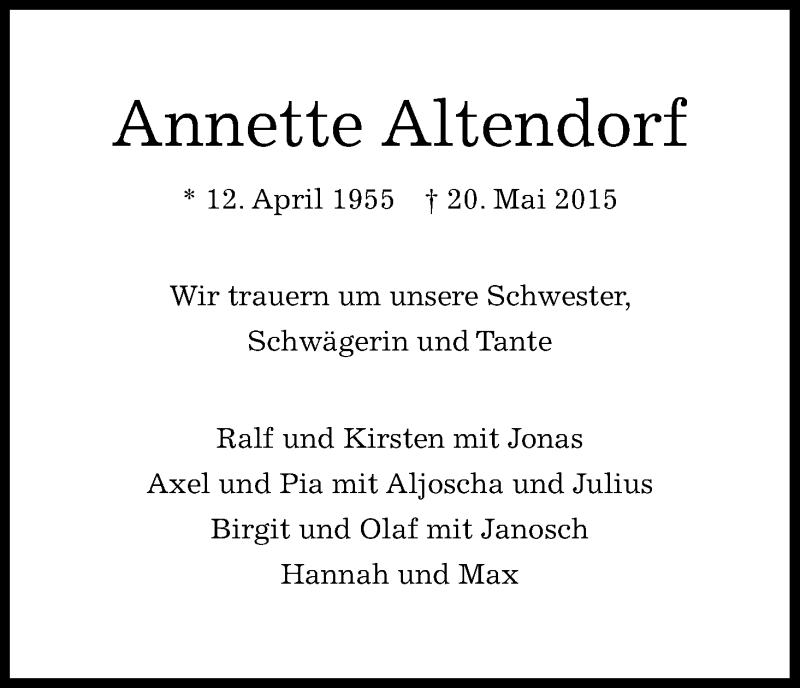  Traueranzeige für Annette Altendorf vom 28.05.2015 aus Kölner Stadt-Anzeiger / Kölnische Rundschau / Express