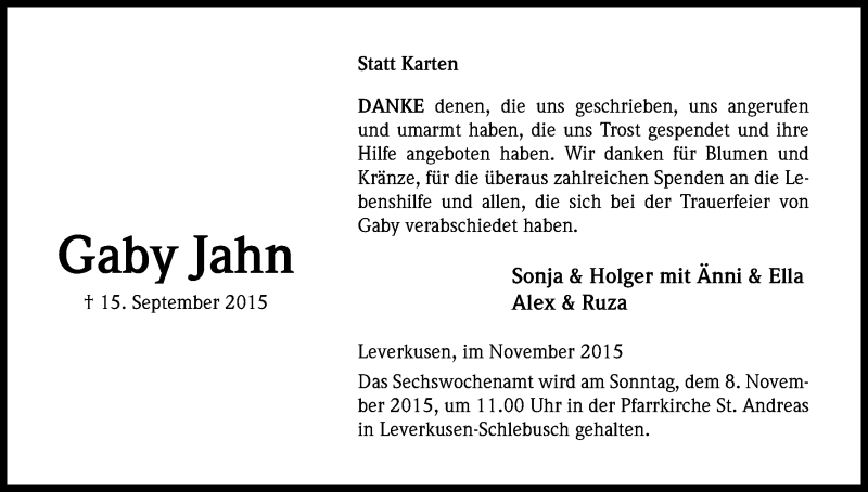  Traueranzeige für Gaby Jahn vom 31.10.2015 aus Kölner Stadt-Anzeiger / Kölnische Rundschau / Express