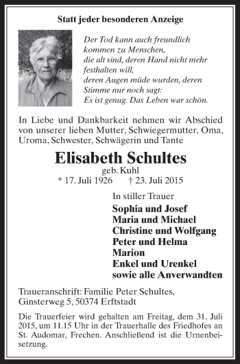 Anzeige von Elisabeth Schultes von  Wochenende 