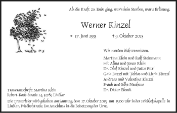 Anzeige von Werner Kinzel von Kölner Stadt-Anzeiger / Kölnische Rundschau / Express
