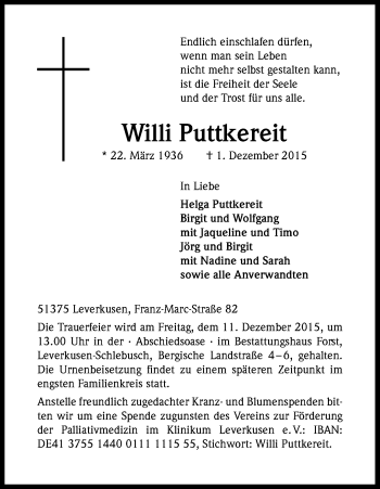 Anzeige von Willi Puttkereit von Kölner Stadt-Anzeiger / Kölnische Rundschau / Express