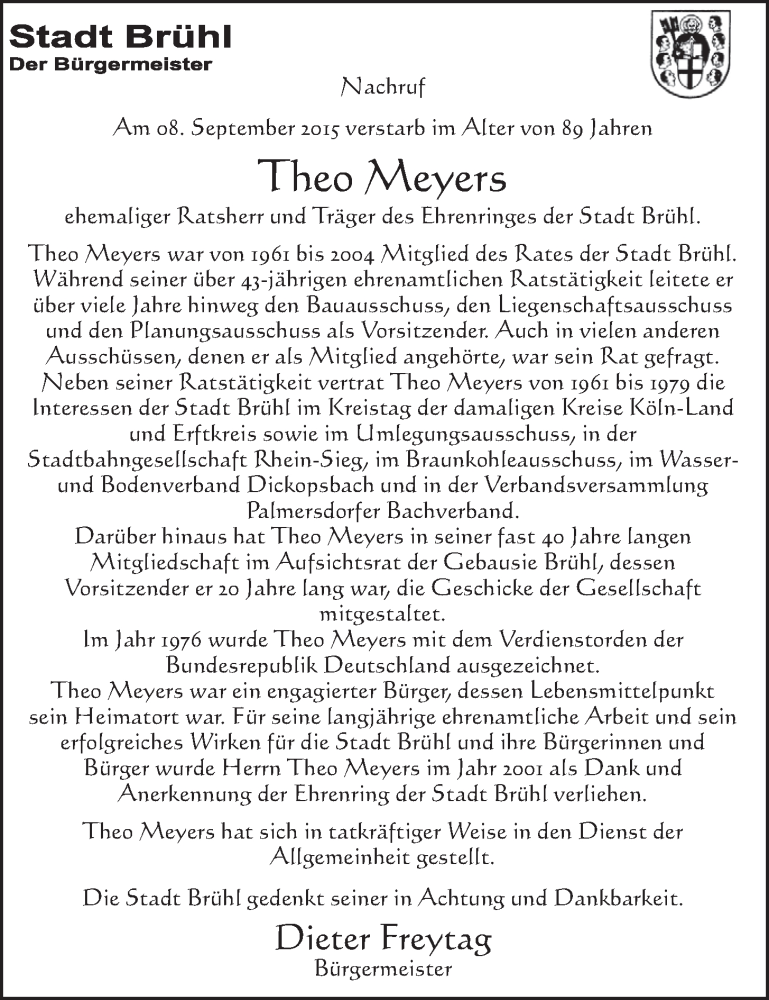  Traueranzeige für Theo Meyers vom 16.09.2015 aus  Schlossbote/Werbekurier 