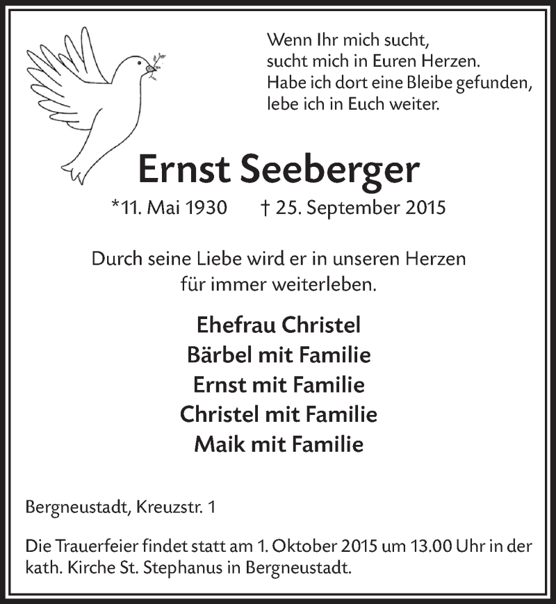  Traueranzeige für Ernst Seeberger vom 30.09.2015 aus  Anzeigen Echo 
