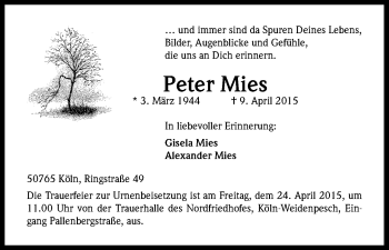 Anzeige von Peter Mies von Kölner Stadt-Anzeiger / Kölnische Rundschau / Express