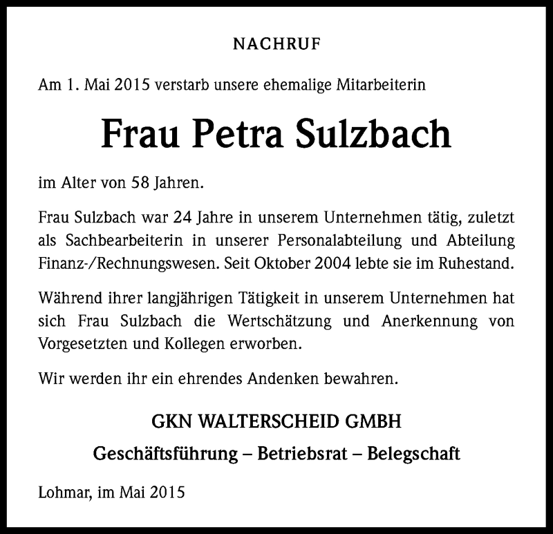  Traueranzeige für Petra Sulzbach vom 12.05.2015 aus Kölner Stadt-Anzeiger / Kölnische Rundschau / Express