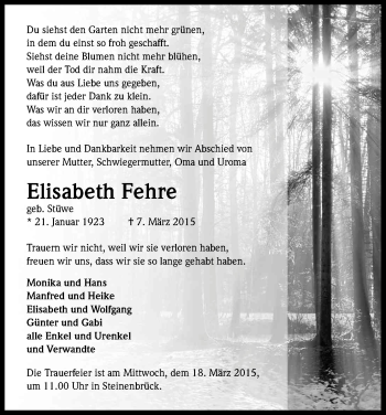 Anzeige von Elisabeth Fehre von Kölner Stadt-Anzeiger / Kölnische Rundschau / Express
