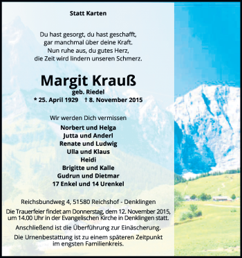 Anzeige von Margit Krauß von Kölner Stadt-Anzeiger / Kölnische Rundschau / Express