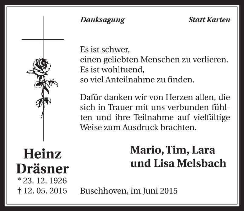  Traueranzeige für Heinz Dräsner vom 17.06.2015 aus  Schaufenster/Blickpunkt 