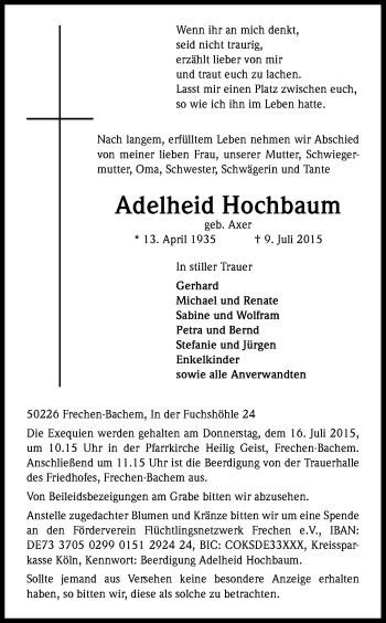 Anzeige von Adelheid Hochbaum von Kölner Stadt-Anzeiger / Kölnische Rundschau / Express