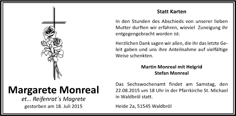  Traueranzeige für Margarete Monreal vom 20.08.2015 aus Kölner Stadt-Anzeiger / Kölnische Rundschau / Express