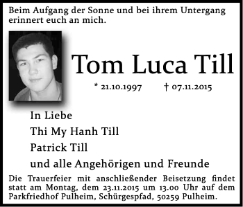 Anzeige von Tom Luca Till von Kölner Stadt-Anzeiger / Kölnische Rundschau / Express