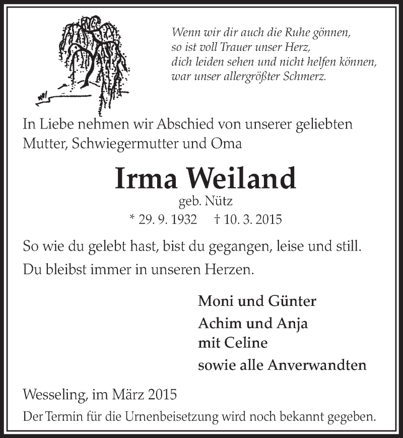  Traueranzeige für Irma Weiland vom 18.03.2015 aus  Schlossbote/Werbekurier 