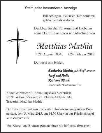 Anzeige von Matthias Mathia von  Blickpunkt Euskirchen 