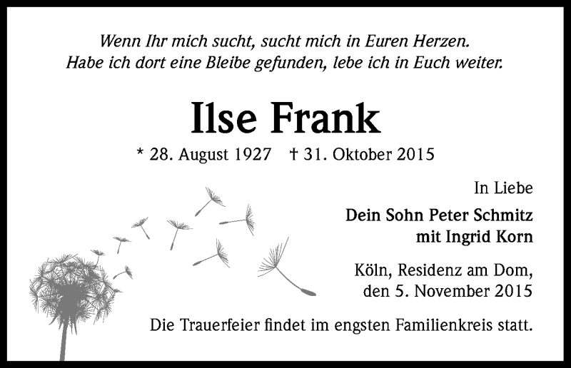  Traueranzeige für Ilse Frank vom 05.11.2015 aus Kölner Stadt-Anzeiger / Kölnische Rundschau / Express