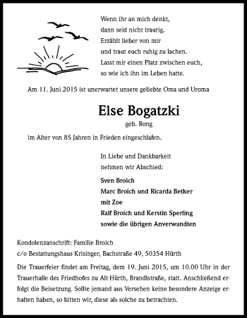 Anzeige von Else Bogatzki von Kölner Stadt-Anzeiger / Kölnische Rundschau / Express