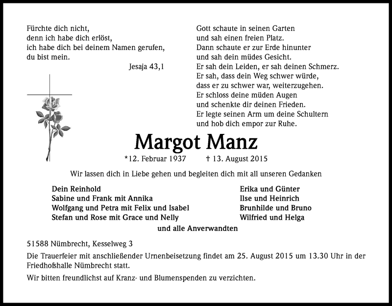  Traueranzeige für Margot Manz vom 15.08.2015 aus Kölner Stadt-Anzeiger / Kölnische Rundschau / Express