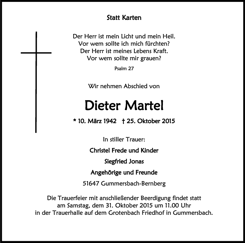  Traueranzeige für Dieter Martel vom 29.10.2015 aus Kölner Stadt-Anzeiger / Kölnische Rundschau / Express
