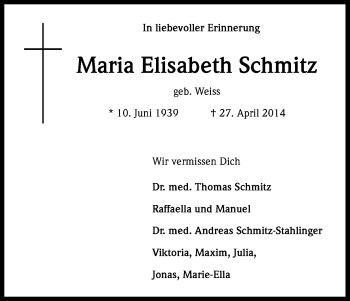 Anzeige von Maria Elisabeth Schmitz von Kölner Stadt-Anzeiger / Kölnische Rundschau / Express