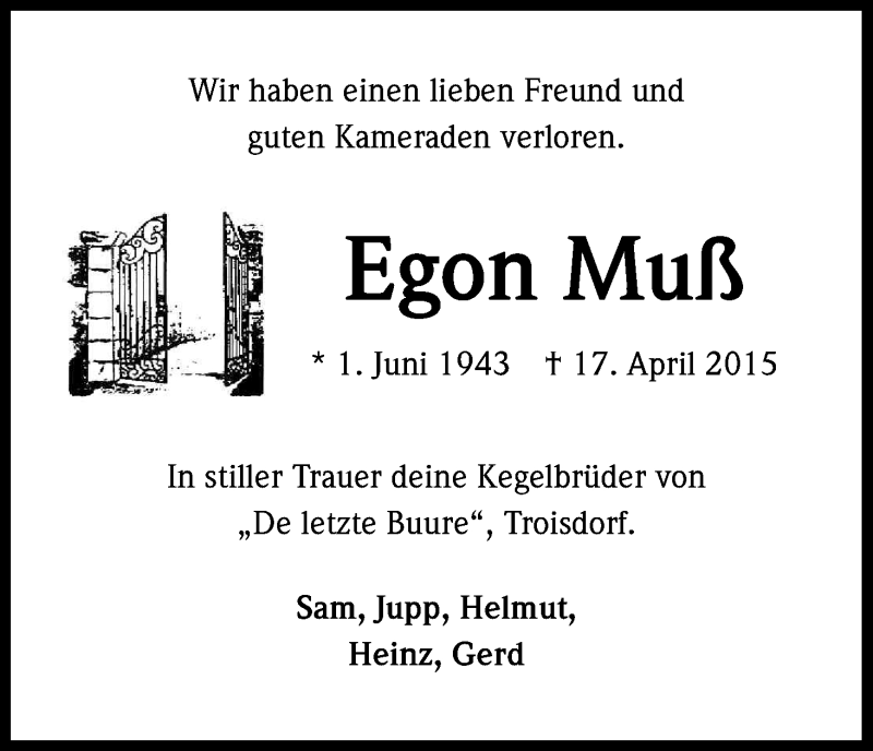  Traueranzeige für Egon Muß vom 24.04.2015 aus Kölner Stadt-Anzeiger / Kölnische Rundschau / Express