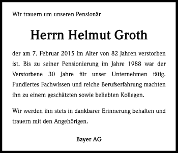 Anzeige von Helmut Groth von Kölner Stadt-Anzeiger / Kölnische Rundschau / Express