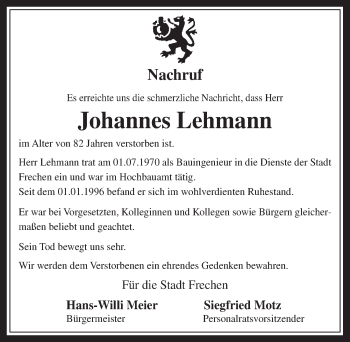 Anzeige von Johannes Lehmann von  Wochenende 