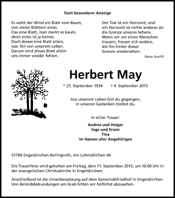 Anzeige von Herbert May von Kölner Stadt-Anzeiger / Kölnische Rundschau / Express