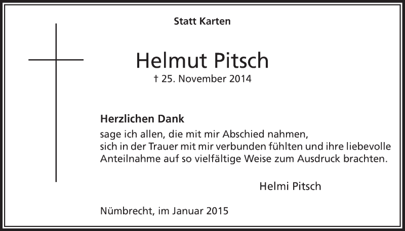  Traueranzeige für Helmut Pitsch vom 21.01.2015 aus  Lokalanzeiger 