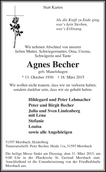 Anzeige von Agnes Becher von  Lokalanzeiger 