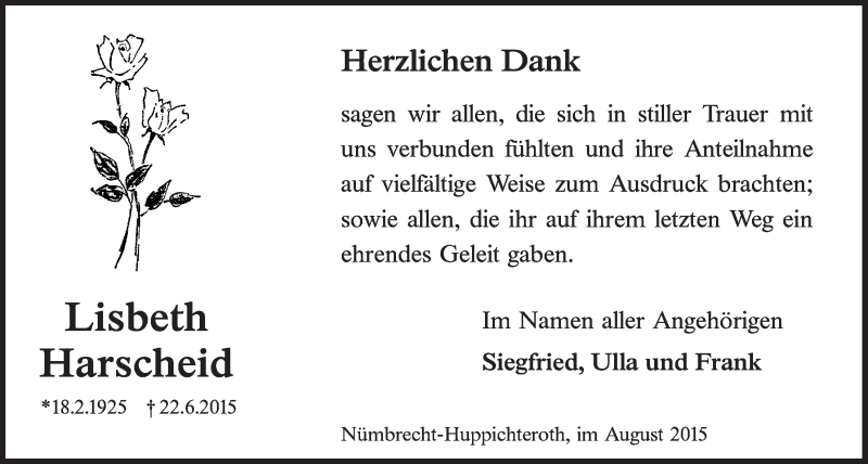  Traueranzeige für Lisbeth Harscheid vom 05.08.2015 aus  Lokalanzeiger 