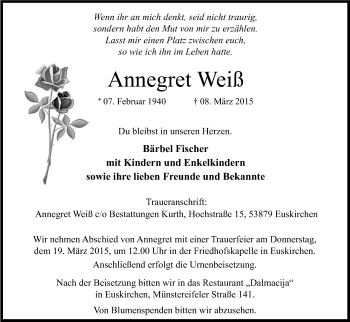 Anzeige von Annegret Weiß von Kölner Stadt-Anzeiger / Kölnische Rundschau / Express
