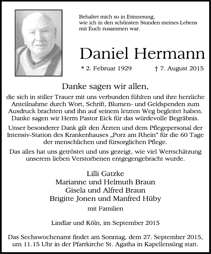  Traueranzeige für Daniel Hermann vom 19.09.2015 aus Kölner Stadt-Anzeiger / Kölnische Rundschau / Express