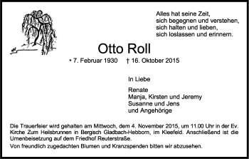 Anzeige von Otto Roll von Kölner Stadt-Anzeiger / Kölnische Rundschau / Express