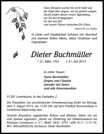 Anzeige von Dieter Buchmüller von Kölner Stadt-Anzeiger / Kölnische Rundschau / Express