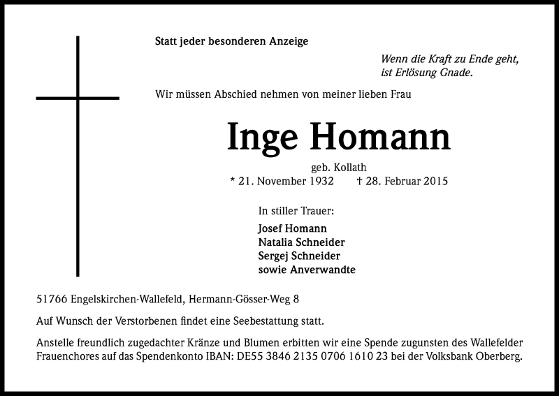  Traueranzeige für Inge Homann vom 07.03.2015 aus Kölner Stadt-Anzeiger / Kölnische Rundschau / Express