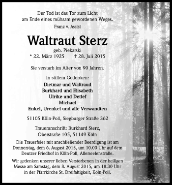 Anzeige von Waltraut Sterz von Kölner Stadt-Anzeiger / Kölnische Rundschau / Express