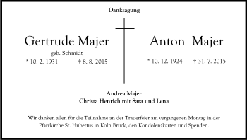 Anzeige von Anton und Gertrude Majer von Kölner Stadt-Anzeiger / Kölnische Rundschau / Express