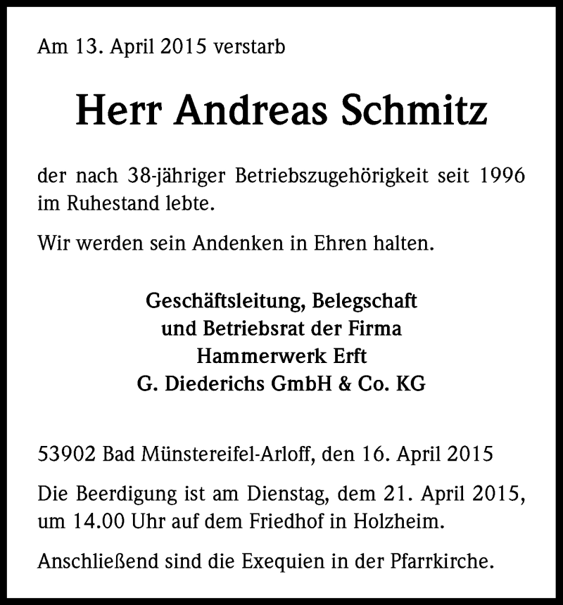  Traueranzeige für Andreas Schmitz vom 18.04.2015 aus Kölner Stadt-Anzeiger / Kölnische Rundschau / Express