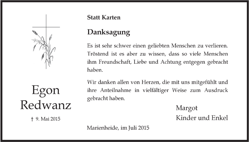  Traueranzeige für Egon Redwanz vom 15.07.2015 aus  Anzeigen Echo 