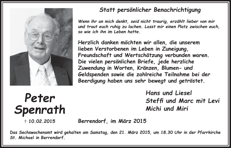  Traueranzeige für Peter Spenrath vom 14.03.2015 aus  Sonntags-Post 