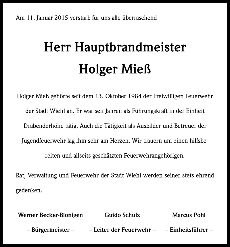  Traueranzeige für Holger Mieß vom 14.01.2015 aus Kölner Stadt-Anzeiger / Kölnische Rundschau / Express