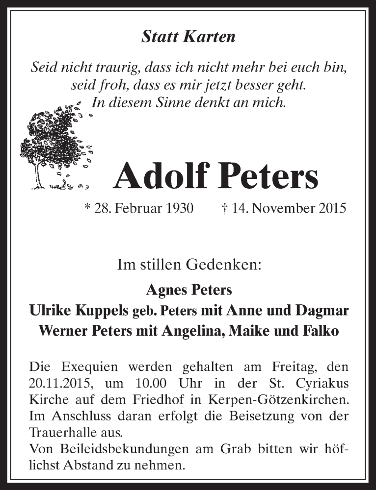  Traueranzeige für Adolf Peters vom 18.11.2015 aus  Werbepost 