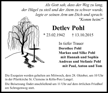 Anzeige von Detlev Pohl von Kölner Stadt-Anzeiger / Kölnische Rundschau / Express