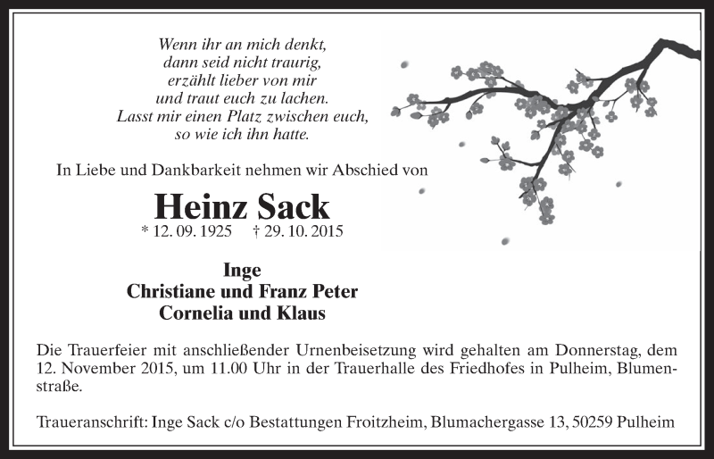  Traueranzeige für Heinz Sack vom 04.11.2015 aus  Wochenende 