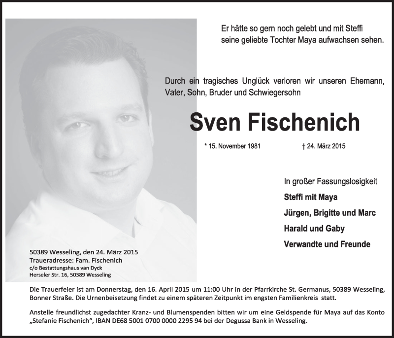 Traueranzeige für Sven Fischenich vom 08.04.2015 aus  Schlossbote/Werbekurier 