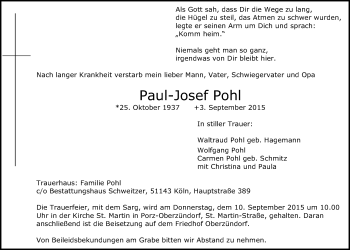 Anzeige von Paul-Josef Pohl von  Kölner Wochenspiegel 